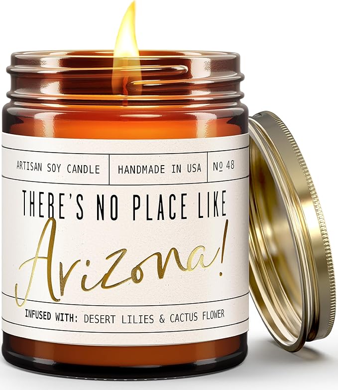 Arizona Gifts, Arizona Decor for Home - 'There's No Place Like Arizona Candle, w/Desert Lilies & Cactus Flower I Arizona Souvenirs I Arizona State Gifts I 9oz Jar, 50Hr Burn, USA Made