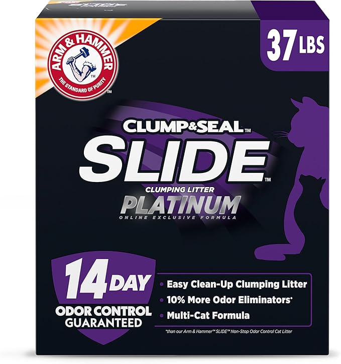 ARM & HAMMER Clump & Seal SLIDE Platinum Multi-Cat Clumping Cat Litter, Easy Clean Technology with No Scrubbing, 14-Day Odor Control, 37 lbs