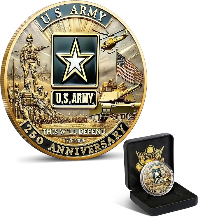 Army 250th Anniversary Coin Navy 250th Anniversary Coin Army Challenge Coin US 250th Commemorative Double-Sided Challenge Coin with Metal Gift Box 1.57 Display army coin army gift army challenge coins