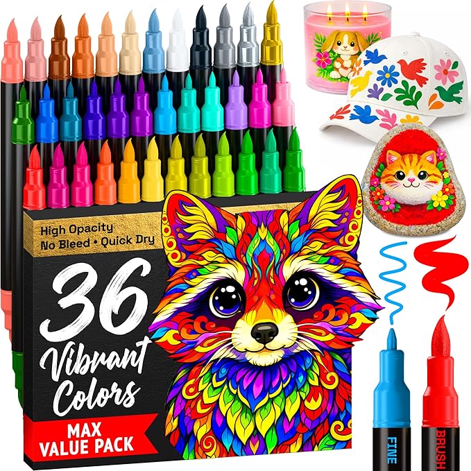 ARTISTRO 36 Acrylic Paint Markers - Paint Pens for Drawing, Brush + Fine Tips - For Fabric, Rock, Glass, Wood, DIY - Art & Craft Supplies for Adults, Teens, Kids - Teacher Appreciation Gift
