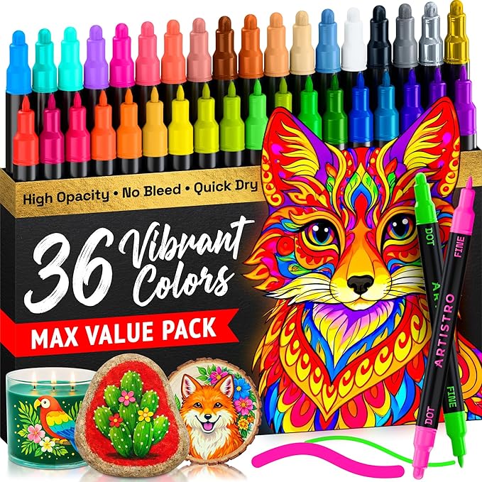 ARTISTRO 36 Precision Dual-Tip Acrylic Paint Markers – Paint Pens Set with Dot & Fine Tips for Fabric, Rock, Glass, Wood, Coloring Books – Classroom & Art Supplies Gift – Teacher Appreciation Gift