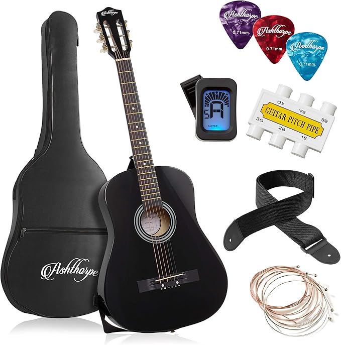 Ashthorpe 38-inch Beginner Acoustic Guitar (Black), Starter Kit with Gig Bag, Extra Strings, Strap, Picks, and Lessons