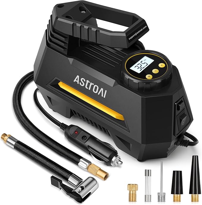 AstroAI AIRUN H Tire Inflator Portable Air Compressor,9.8Ft Cord-12VDC-Powered Auto Shut-Off,Fast Inflation Electric Air Pump for Car Tires-Car Accessories with Digital Pressure Gauge,LED Light,Yellow