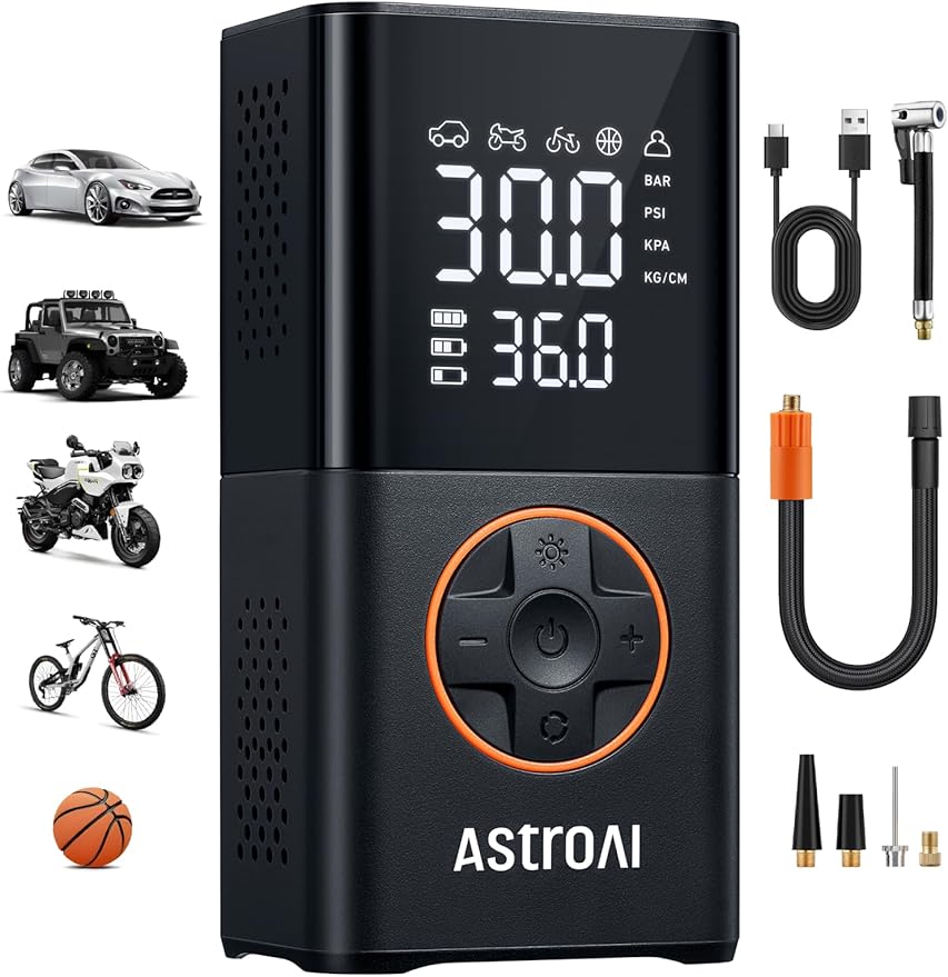 AstroAI L7 Tire Inflator Portable Air Compressor, 150 PSI Cordless Mini Air Bike Pump with Digital Dual Values Display, Lightning Fast Inflation & Pressure Gauge for Auto, Motorcycles, Bikes, Balls