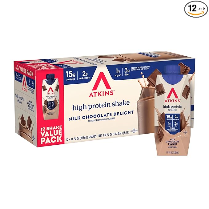 Atkins Milk Chocolate Delight High Protein Shake, 15g Protein, 2g Net Carb, 1g Sugar, Keto Friendly, Chocolate Flavored Protein Shakes, 12 Count