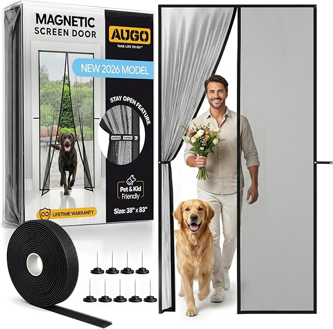 AUGO Magnetic Screen Door - Self Sealing, Heavy Duty, Hands Free Mesh Partition Keeps Bugs Out - Pet and Kid Friendly - Patent Pending Keep Open Feature - 38 Inch x 83 Inch