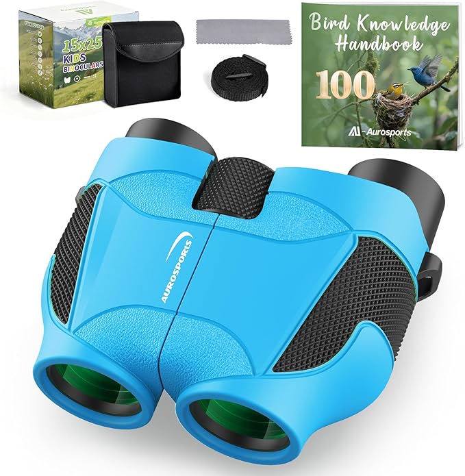 Aurosports 15x25 Compact Binoculars for Kids - Small Binoculars Lightweight with Carrying Case Birding Guide for Bird Watching Hiking Camping Travel Gift for 8-12 Years Boys Girls (Blue)