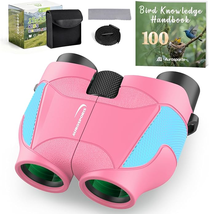 Aurosports 15x25 Compact Binoculars for Kids - Small Binoculars Lightweight with Carrying Case Birding Guide for Bird Watching Hiking Camping Travel Gift for 8-12 Years Boys Girls (Pink)