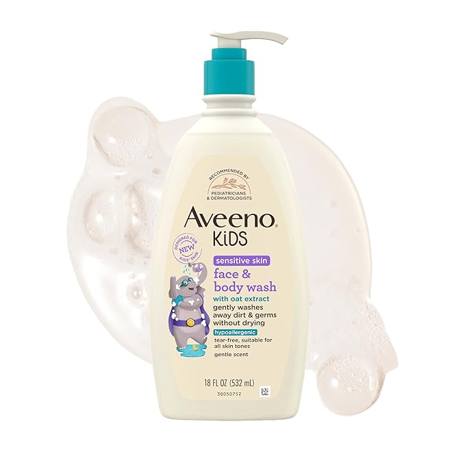 Aveeno Kids Sensitive Skin Face & Body Wash, Nourishing Oat Extract, Wash Away Dirt and Germs Without Drying, Kids Body Wash is Tear-Free, Hypoallergenic, Sulfate- & Dye-Free, 18 Fl Oz