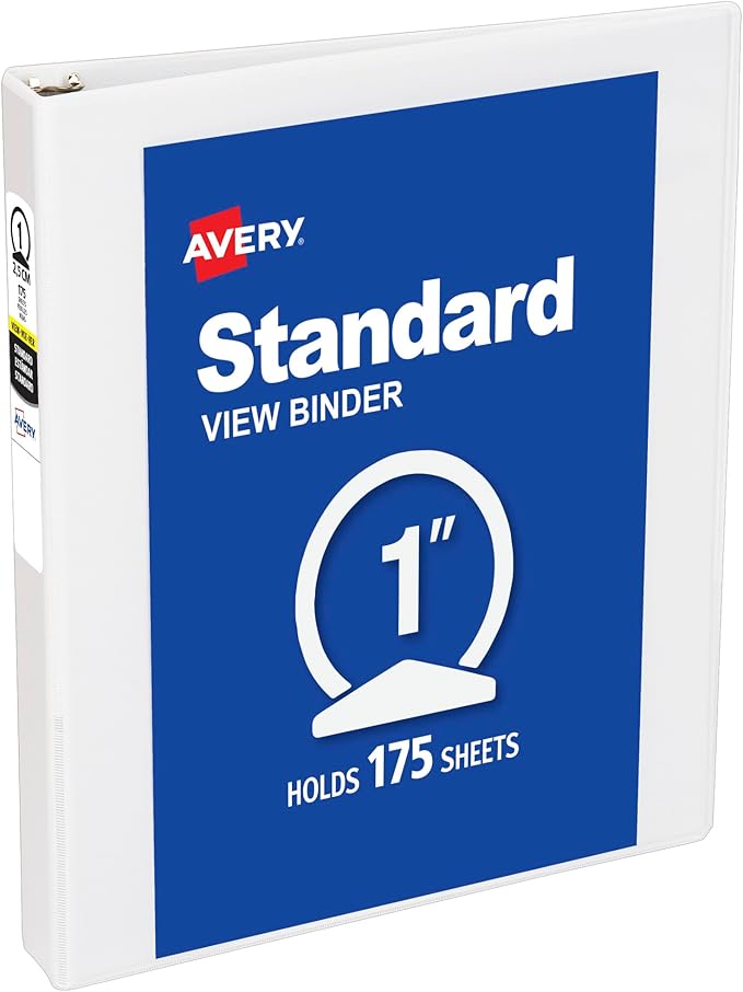 Avery Standard View 3 Ring Binder, 1" Round Rings, 175-Sheet Capacity, 1.4 Inch Wide Spine, 1 White Binder, Ideal for Lightweight Organization and Occasional Referencing (05711)