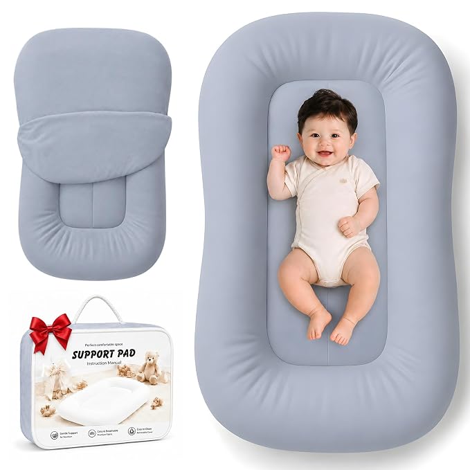 Baby Lounger for Newborns 0-24 Months, Soft Breathable Cotton Infant Support Cushion for Tummy Time & Play, Portable Infant Lounger, Baby Essentials - Navy Blue (Cover Included)