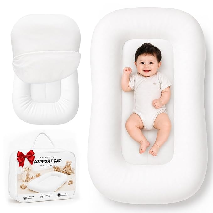 Baby Lounger for Newborns 0-24 Months, Soft Breathable Cotton Infant Support Cushion for Tummy Time & Play, Portable Infant Lounger, Baby Essentials for Newborn- Cloud White (Cover Included)