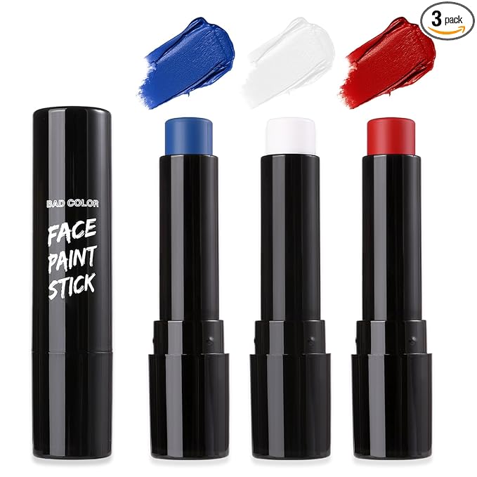 BADCOLOR 3PCS Blue White Red Face Body Paint Stick, Cream Blendable Eye Black for Softball Football Baseball Lacrosse American Flags, Professional Face Painting for Halloween SFX Independence Day