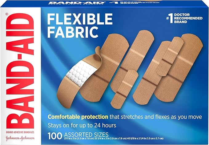 BAND-AID Brand Flexible Fabric Adhesive Bandages, Comfortable Sterile Protection & Wound Care for Minor Cuts, Scrapes & Burns, First Aid Kit Essential, Non-Stick Hurt-Free Pad, Assorted Sizes, 100 Ct