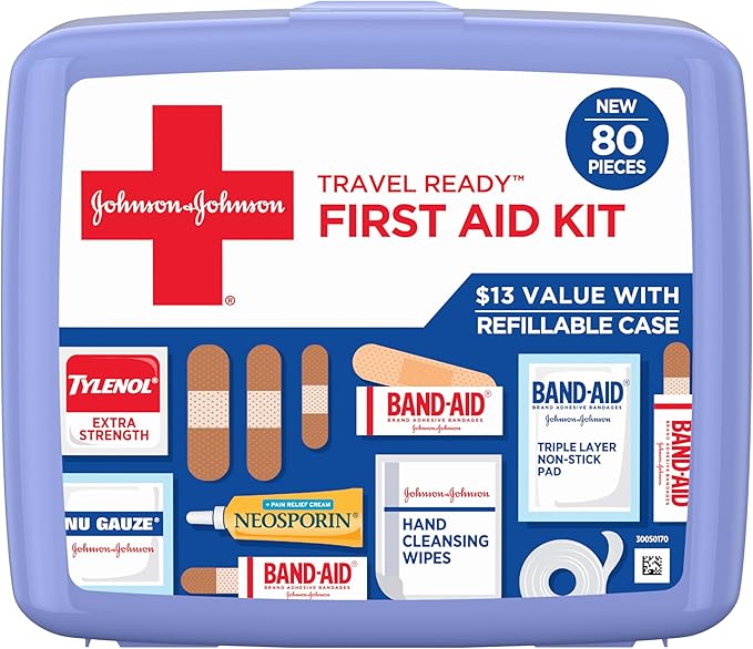 BAND-AID Brand Travel Ready Portable Emergency First Aid Kit, Minor Wound Care, Perfect for Home, Car, Camping, Travel & Outdoor Essentials, Supplies Include Bandages, Neosporin & Tylenol, 80 Piece