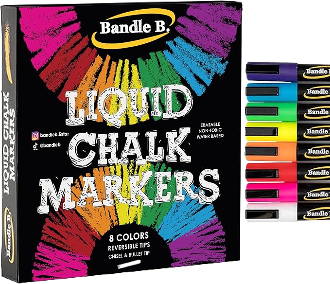Bandle B. Chalk Markers - 8 Vibrant, Erasable, Non-Toxic, Water-Based, Reversible Tips. For Glass or Chalkboard Markers for Businesses, Restaurants, Liquid Drawing Chalk (Vibrant 6mm)