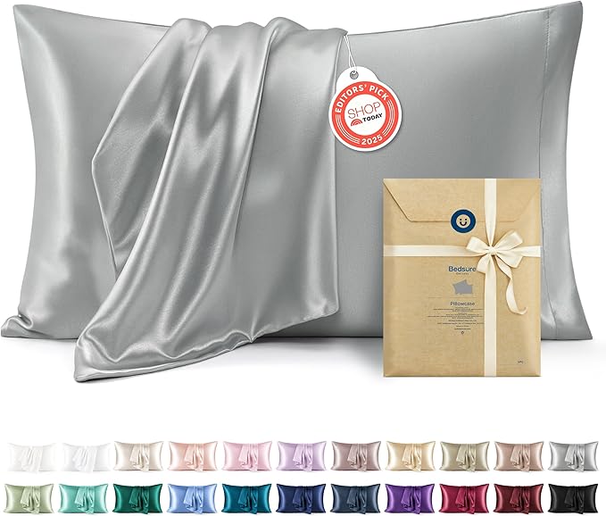 Bedsure Satin Pillowcase, Similar to Silk Pillow Cases Queen Size Set of 2, Cooling Pillow Case Covers with Envelope Closure, Room Decor Gifts for Women Men, Silver Grey, 20x30 Inches, 2pcs