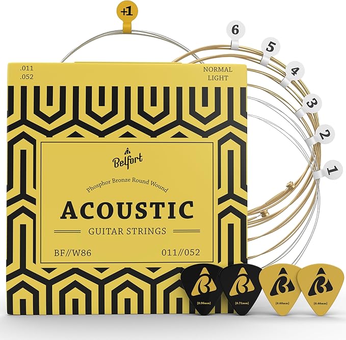 BELFORT® quality acoustic guitar strings - 6 string set - Premium coating with Phosphor Bronze (guitar strings acoustic 6 string set) BONUS: 4 Picks + 1 High E String - cuerdas para guitarra acustica