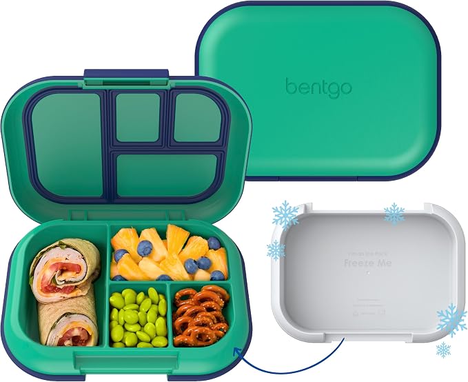 Bentgo Chill Kids Leakproof Lunch Box - 4-Compartment Bento Box with Built-In Ice Pack, 3.3 Cup Capacity, BPA-Free, Microwave & Dishwasher Safe Tray, Ages 3–7 (Green/Navy)