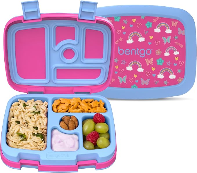 Bentgo Kids Prints Leak-Proof, 5-Compartment Bento-Style Kids Lunch Box - Ideal Portion Sizes for Ages 3-7, Durable, Drop-Proof, Dishwasher Safe, & PFAS & BPA-Free Materials (Rainbows & Butterflies)