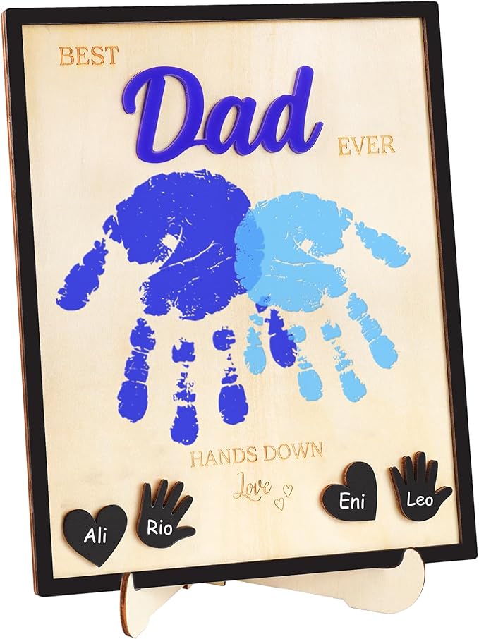 Best Dad Ever Hands Down Sign 10"x8", DIY Gifts Fathers Day from Kids, Daughter, Son, Wife, Handprint Wooden Frame with Personalized Family Name, Fathers Day Dads Gifts for New Dad, Husband, Stepdad, Grandpa