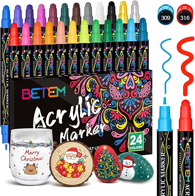 Betem 24 Colors Dual Tip Acrylic Paint Markers, Fabric Decorating Kits Premium Water-Based Acrylic Paint Pens Art Supplies for Fabric, Rock, Wood, Glass, Canvas, Ceramic, Teacher Appreciation Gift