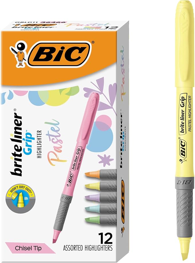 BIC Brite Liner Grip Pastel Highlighter Set, Chisel Tip, School Supplies for Students and Teachers, 12-Count Pack in Pastel Assorted Colors