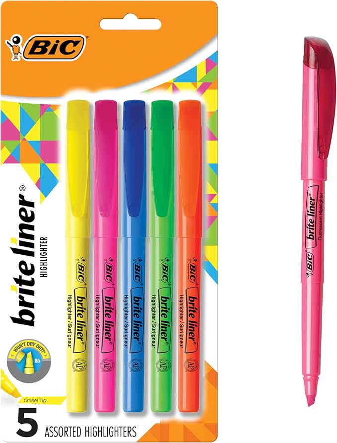 BIC Brite Liner Highlighters, Chisel Tip, School Supplies for Students and Teachers, Ideal for Notes, Textbooks, and Classroom Use, 5-Count Pack in Assorted Colors