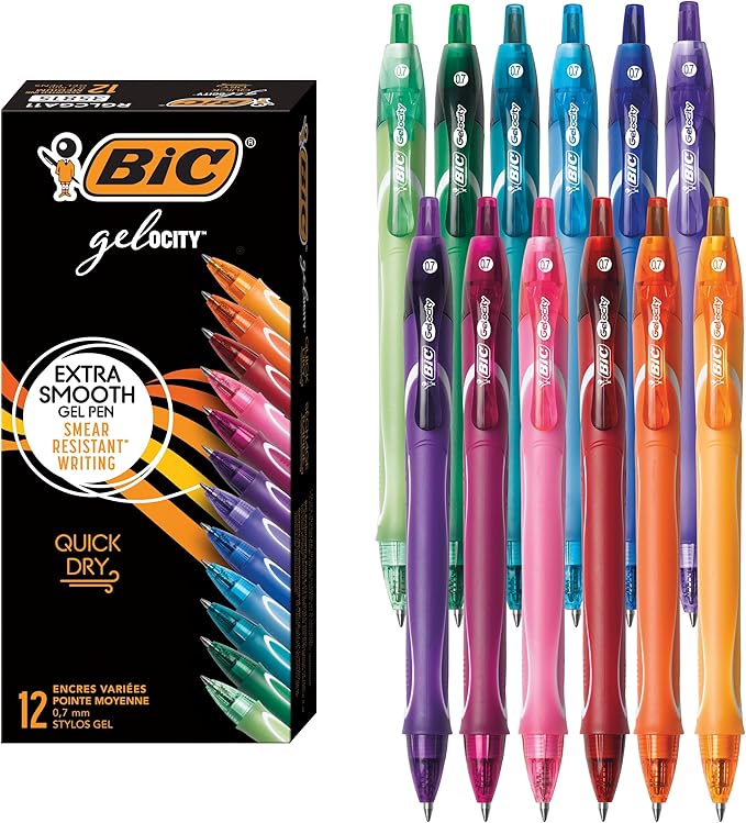 BIC Gelocity Quick Dry Assorted Colors Gel Pens, Medium Point (0.7 mm), School Supplies for Color-Coding Notes, with Full Grip, 12-Count Pack in Assorted Colors