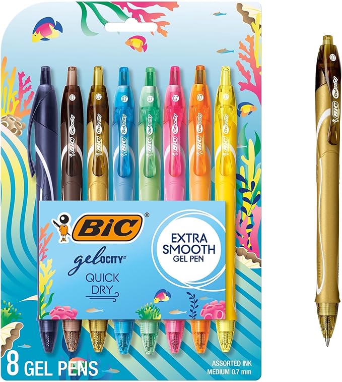 BIC Gelocity Quick Dry Ocean Themed Gel Pens, Medium Point (0.7mm), 8-Count Gel Pen Set, Colored Gel Pens for Note Taking and Journaling