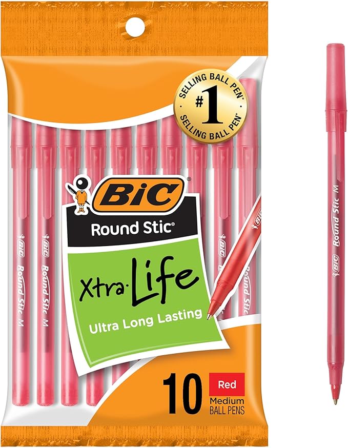 BIC Round Stic Xtra Life Red Ballpoint Pens, Medium Point (1.0mm), 10-Count Pack of Bulk Pens, Flexible Round Barrel for Writing Comfort, No. 1 Selling Ballpoint Pens