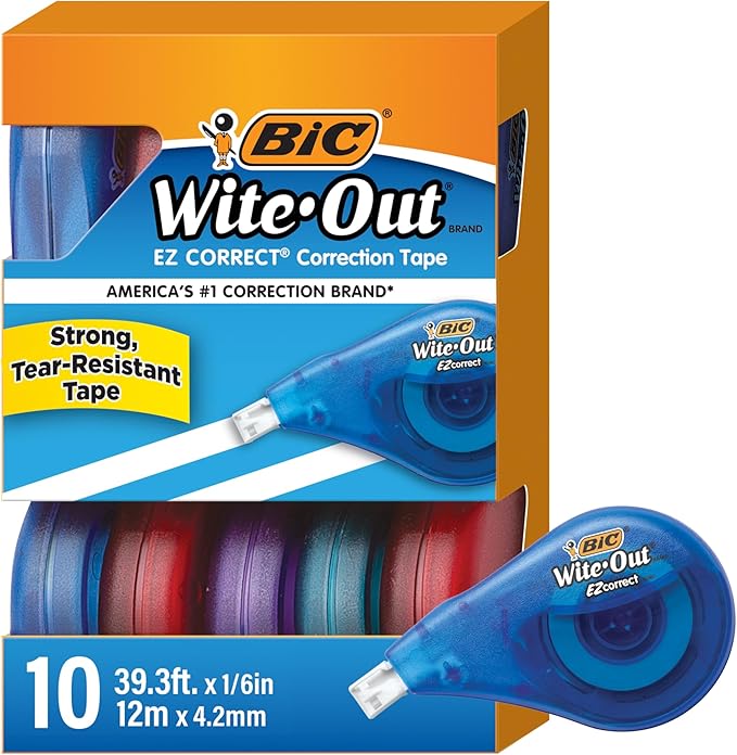 BIC Wite-Out Brand EZ Correct Correction Tape, 39.3 Feet, 10-Count Pack of white Correction Tape, Fast, Clean and Easy to Use Tear-Resistant Tape Office or School Supplies