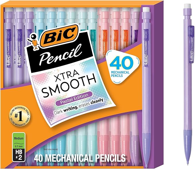 BIC Xtra-Smooth Pastel Mechanical Pencils with Erasers, Medium Point (0.7 mm), Bulk School Supplies for Students and Teachers, 40-Count Pack