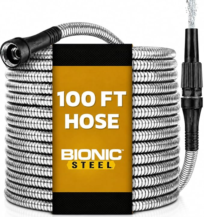 BIONIC STEEL 100 Ft Metal Garden Hose with Sprayer Nozzle, Non Kinking Designed Stainless Steel Heavy Duty Water Hose 100 Ft x 5/8 in. Flexible NON Expandable for Uninterrupted Water Flow, 500 PSI