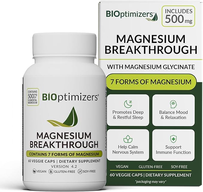 BIOptimizers Magnesium Breakthrough Supplement with 500mg - 7 Forms of Magnesium: Glycinate, Malate, Citrate, and More - Natural Support for Sleep and Cognitive Function -60 Capsules- Calming Vitamins