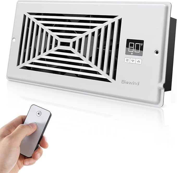 BIOWIND Quiet Register Booster Fan Fits 4" x 10" Register Holes, 10-Speed Smart Heating Cooling AC Vent Fan with Remote Control and Thermostat Control - White