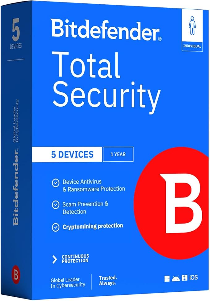 Bitdefender Total Security 2026 – Complete Antivirus and Internet Security Suite – 5 Devices | 1 Year Subscription | PC/Mac | Activation Code by Mail