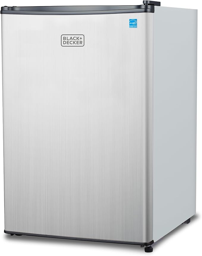 BLACK+DECKER 2.5 Cu. Ft. Compact Refrigerator, ENERGY STAR Certified, Single Door Mini Fridge with Chiller Compartment, Personal Fridge for Home or Dorm Room, R600a Refrigerant, BCRK25V,Stainless Look