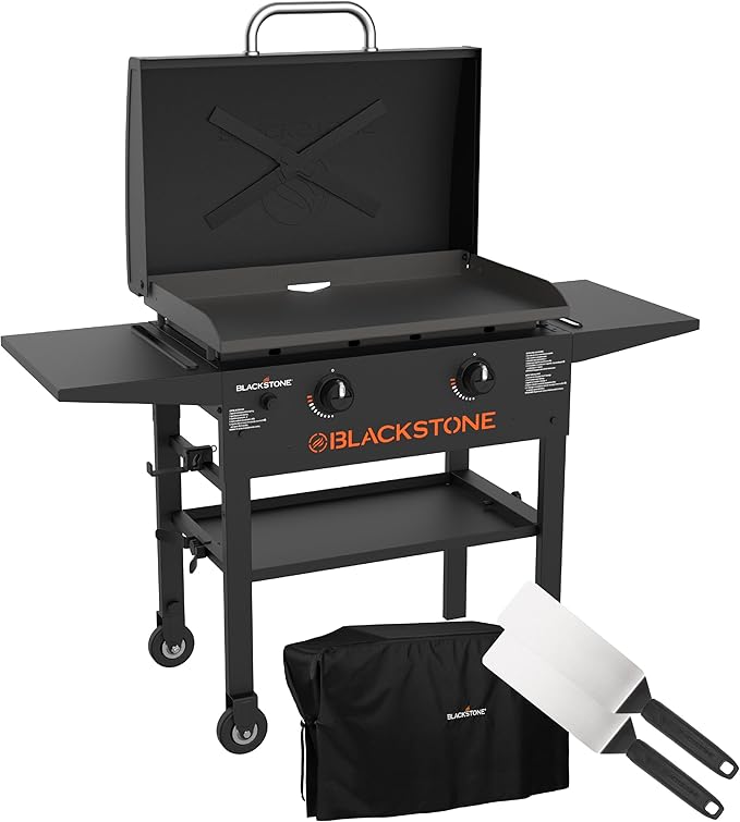 Blackstone 2450AZ 28" Omnivore Griddle with Hood Bundle | Includes 28" Griddle with Hood, Soft Cover, and Two Spatulas, Two Burner, Propane