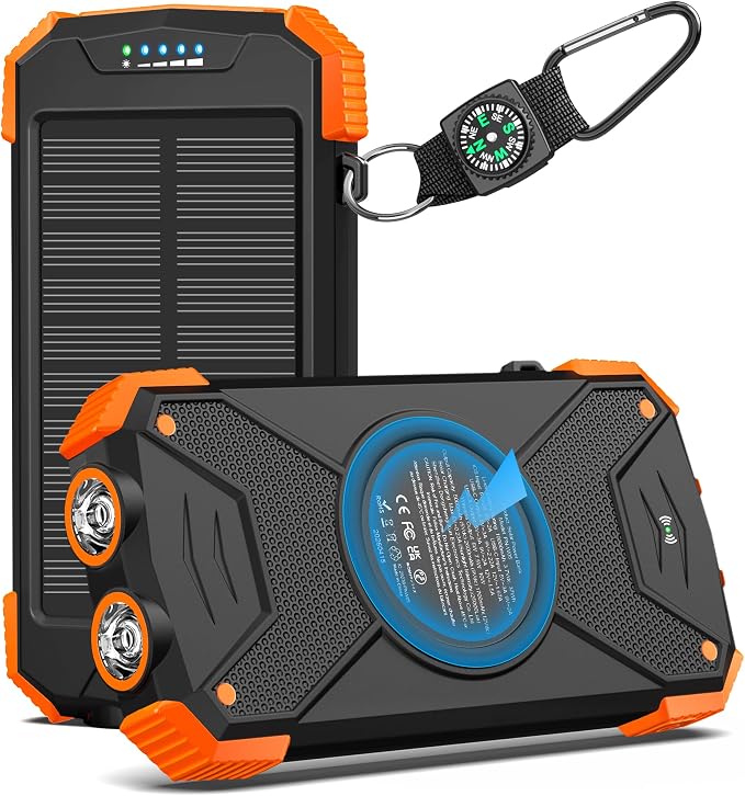 BLAVOR Solar Power Bank 10,000mAh, Portable Wireless Charger, 20W Fast Charging External Battery Pack with USB C for Cell Phones, Solar Panel Charging with Dual Flashlight for Camping