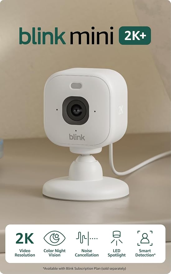 Blink Mini 2K+ (newest model) – Plug-in Home & Pet Indoor Security Camera with 2K video resolution, night vision, enhanced audio, motion detection – 1 camera (White)