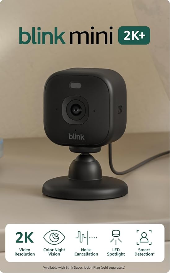 Blink Mini 2K+ (newest model) – Plug-in Home & Pet Indoor Security Camera with 2K video resolution, night vision, enhanced audio, motion detection – 3 cameras (Black)