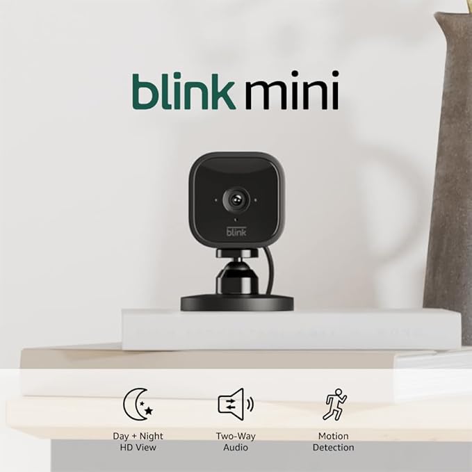 Blink Mini - Compact indoor plug-in smart security camera, 1080p HD video, night vision, motion detection, two-way audio, easy set up, Works with Alexa – 1 camera (Black)