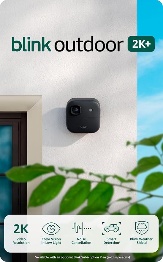 Blink Outdoor 2K+ (newest model) — Wireless smart security camera, 2K video resolution, enhanced audio, two-year battery. Sync Module Core included — 3 camera system (Black)