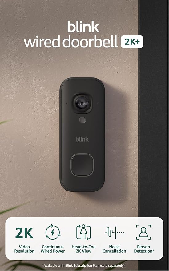Blink Wired Doorbell 2K+ (all-new) — Head-to-Toe 2K video doorbell, continuous hardwired power, pair with Alexa or Blink Chime — required for in-home alerts (Black)