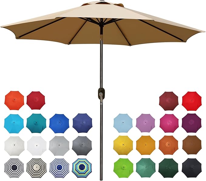 Blissun 9' Outdoor Patio Umbrella, Outdoor Table Umbrella, Yard Umbrella, Market Umbrella with 8 Sturdy Ribs, Push Button Tilt and Crank