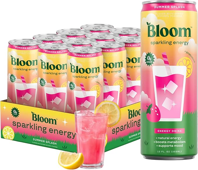 Bloom Nutrition Sparkling Energy Drink - Natural Caffeine, Zero Sugar, 180mg Caffeine - Antioxidant-Rich with Green Coffee Bean, Green Tea Extract, Prebiotics - Summer Splash - 12oz 12 Pack