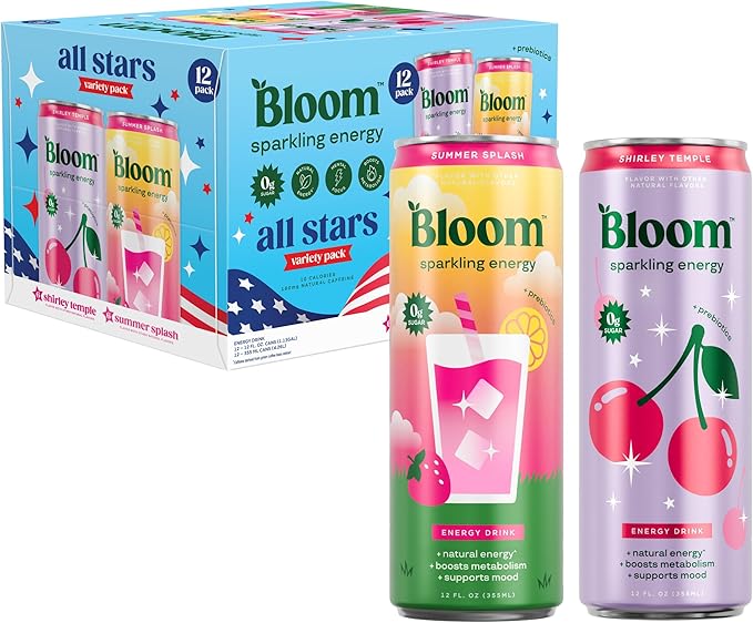 Bloom Nutrition Sparkling Energy Drink - Natural Caffeine, Zero Sugar, 180mg Caffeine - Antioxidant-Rich with Green Coffee Bean, Green Tea Extract, Prebiotics - All Stars Variety Pack - 12oz 12 Pack