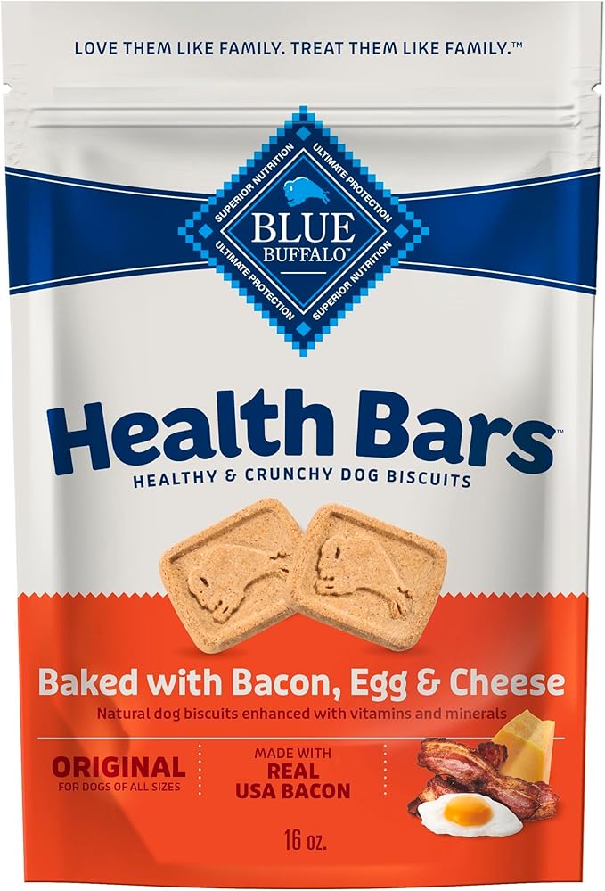 Blue Buffalo Health Bars Bacon, Egg & Cheese Crunchy Dog Biscuits, Oven-Baked with Real Bacon & Natural Ingredients, Healthy Dog Treats with No Artificial Flavors or Preservatives, 16 oz.