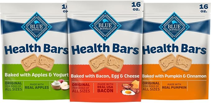 Blue Buffalo Health Bars Dog Biscuits Variety Pack (Bacon Egg Cheese, Apples & Yogurt, Pumpkin & Cinnamon) Healthy Dog Treats with No Artificial Flavors or Preservatives, 16 oz. Each (3 Bags)